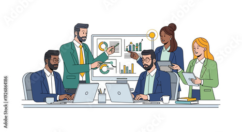 Diverse business team collaborating on a project in a modern office setting.