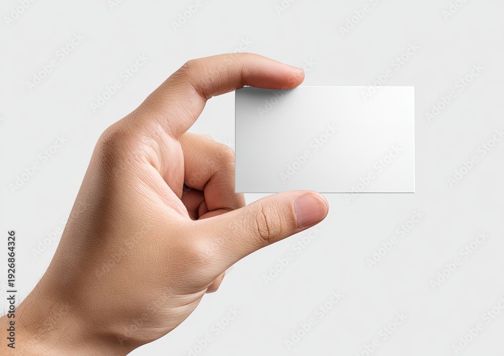 Obraz premium A hand holds a blank rectangular card, offering it to the viewer, against a white background