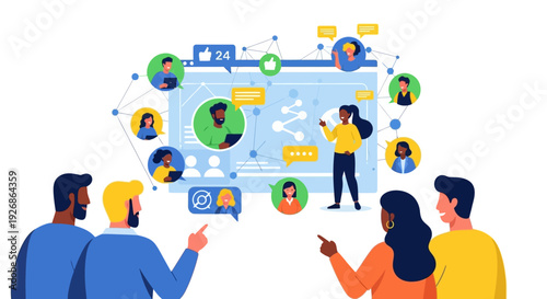 Diverse group of people interacting with a digital social media interface.