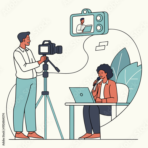 A videographer films a woman presenting live on a laptop, creating content for online broadcasting, vlogging, or streaming.