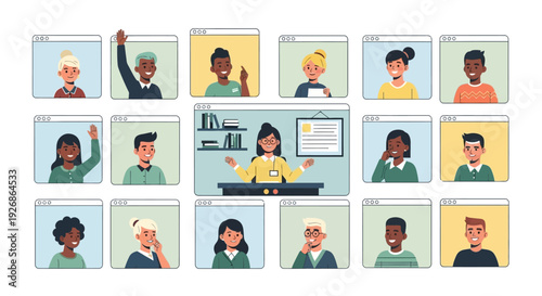 Diverse group of people participating in an online class.