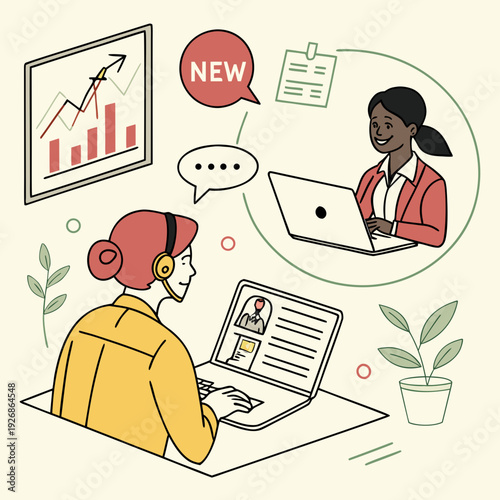 Online job interview: a recruiter on headset interacts with a candidate via video call, with a performance chart in the background.