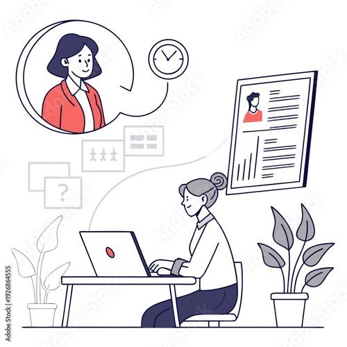 Remote hiring process: a woman on a laptop reviews a candidate's profile during an online consultation, with a clock indicating time.