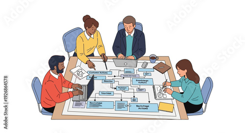 Diverse team collaborates on complex flowchart at table.