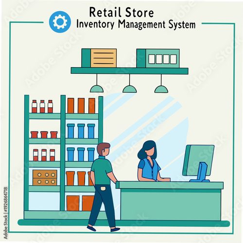 Retail store interior with shelves of products and a cashier interacting with a customer, inventory management system concept