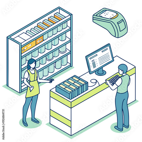 Isometric illustration of a pharmacy checkout counter with a cashier and customer interacting, depicting a retail shopping experience with a scanner and register.