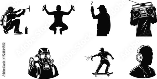 Urban Street Art Graffiti Artist Silhouette Collection with Spray Paint Boombox and Skateboard Vector Set