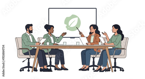 Diverse team collaborates on environmental strategy during meeting.