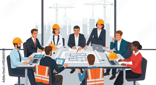 Diverse group of professionals in a business meeting discussing blueprints.