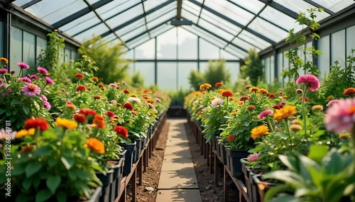 A greenhouse filled with flowering plants 