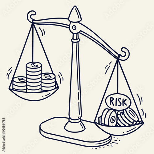 A simple line drawing of a balance scale comparing money and risk, illustrating the delicate balance between financial gain and potential loss.
