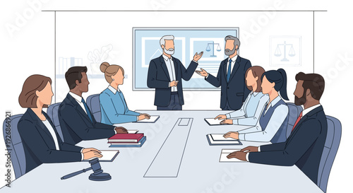 Diverse group of professionals in a modern boardroom meeting.