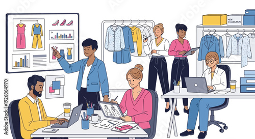 Diverse team collaborates on fashion design project in modern office setting.