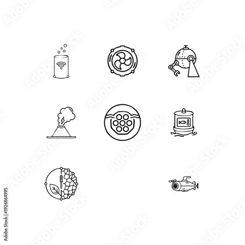 Deep sea technology and blue economy linear icon set, underwater robotics, marine research and subsea data center vector symbols