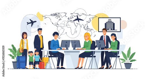 Diverse group of people working in a travel agency office.