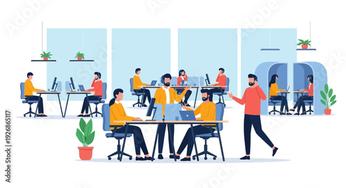 Diverse team collaborating in a modern office environment.