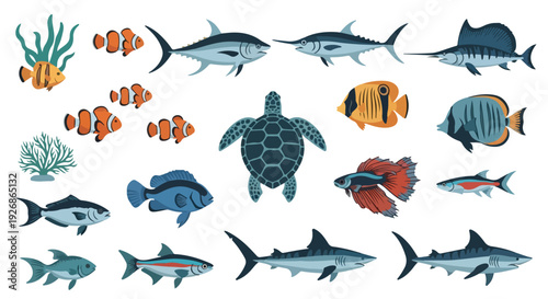 Flat lay illustration of various colorful marine animals including fish, shark, turtle, and coral on a white background.