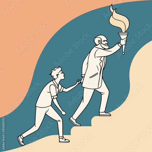 Mentor guiding a younger person up stairs, passing on a flaming torch representing knowledge, wisdom, and legacy.