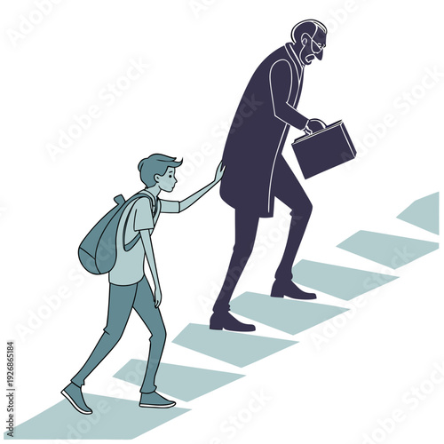 Older businessman with briefcase is pushed up stairs by a younger person, symbolizing career advancement and support.