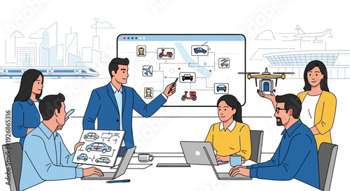 Diverse team collaborates on innovative technology project presentation.