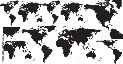Multiple Black and White World Maps on White Background