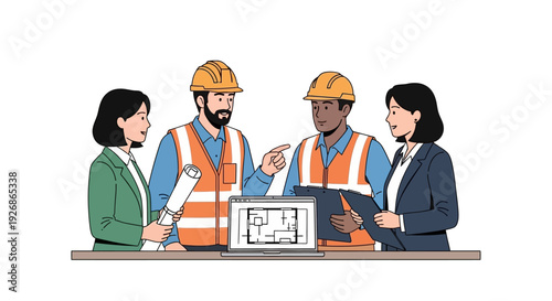Diverse construction team collaborating on architectural plans.