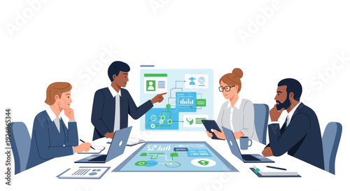 Diverse business team collaborating in a modern meeting room with digital displays.