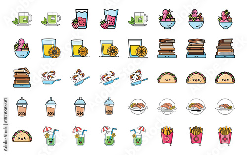 Colorful food and drink icons including burgers fries pancakes coffee smoothies and desserts on white background
