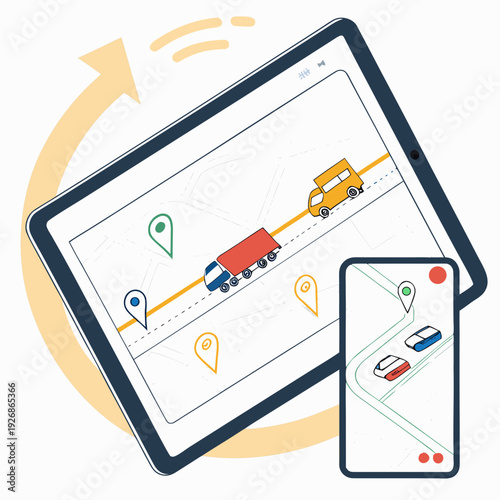 Digital map interface on a tablet and smartphone showing trucks and cars with GPS tracking, symbolizing logistics and fleet management.