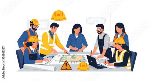 Diverse construction team collaborating on blueprints at a meeting table.