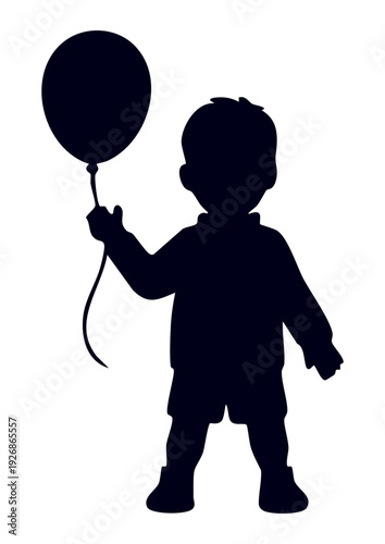 Little boy silhouette holding a party balloon, Toddler standing with balloon vector illustration, Young child silhouette with air balloon for birthday, Small boy character silhouette isolated on white