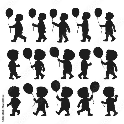 Silhouette of a Little Boy Walking with a Balloon, Child Character Walking Cycle with Festive Balloon, Set of Little Boy Silhouettes Holding Birthday Balloons, Toddler Walking and Playing with Balloon