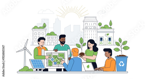 Diverse team collaborates on sustainable urban planning project.
