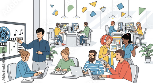 Diverse group of students learning video editing in a modern classroom setting.