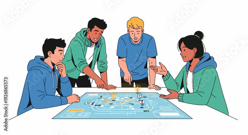 Diverse group of young adults collaborating around a board game.