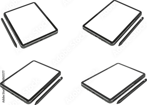 Four Black Tablets with Stylus Pens in Different Angles