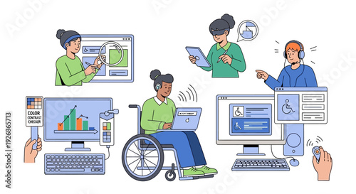 Diverse individuals engaging with technology and data visualization.