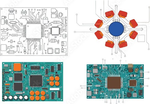 Four Circuit Boards with Components and Schematic Diagrams