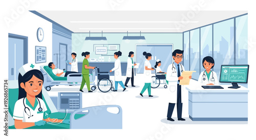 Diverse medical professionals working together in a busy hospital ward.