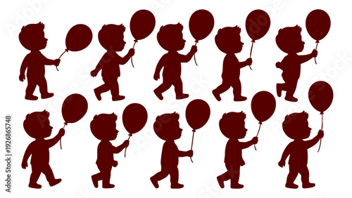 Boy with balloon silhouette set walking and running, Little kid holding balloon vector collection for celebration, Child character silhouette walking with party balloon, Vector illustration of a small