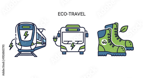 Eco travel concept illustration featuring electric bus with green energy symbols and sustainable transportation elements. Modern flat vector design highlighting environmentally friendly mobility, publ
