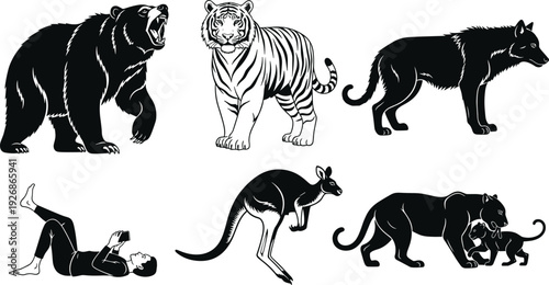 Wild Animal Silhouette Set with Bear Tiger Wolf Kangaroo Panther and Man Using Smartphone