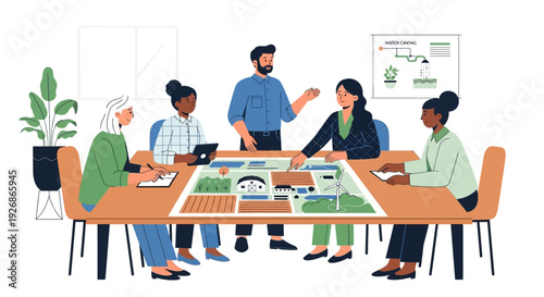 Diverse team collaborates on urban planning project at table.