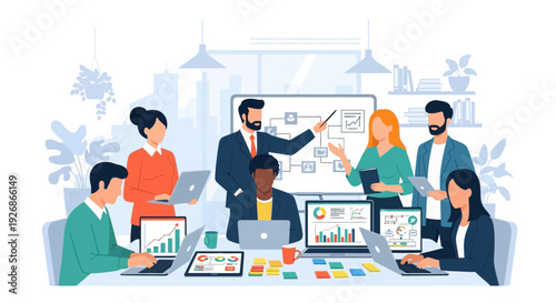 Diverse team collaborating in a modern office meeting.