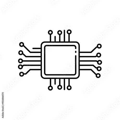 A minimalist black and white illustration of a microchip with circuit lines on a white background.