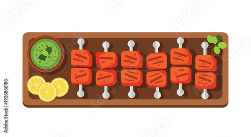 Flat lay of grilled salmon skewers with guacamole, lemon slices, and herbs on a wooden board.
