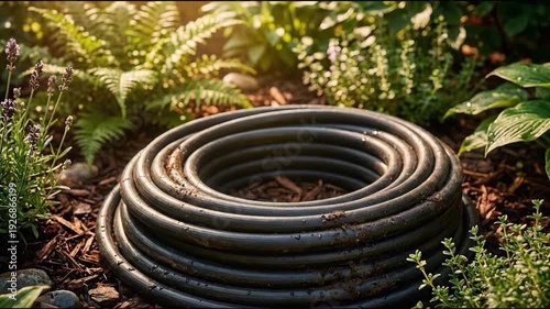 Black coiled garden hose with water droplets on mulch in a lush green outdoor setting, suitable for gardening, lawn care, home improvement, watering, and summer projects.