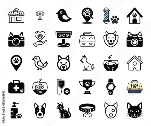 Collection of black and white pet care icons including animals services and symbols