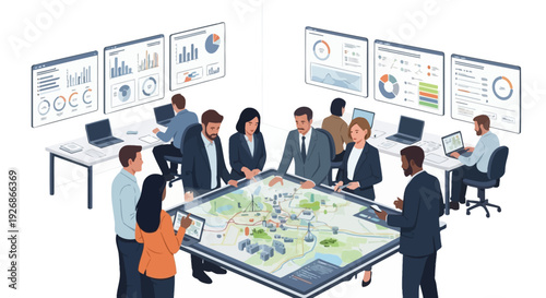 Diverse team collaborating around a futuristic interactive table display.