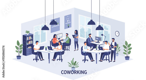 Diverse group of professionals collaborating in a modern coworking space.